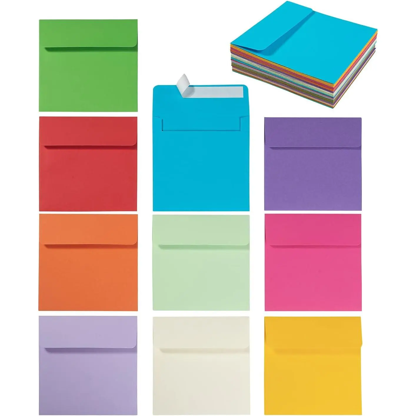 50 Pack Colorful 6 x 6 Square Self Seal Envelopes for Wedding, Party Invitations, Greeting Cards, Announcements, Photos, CD/DVD Sleeves