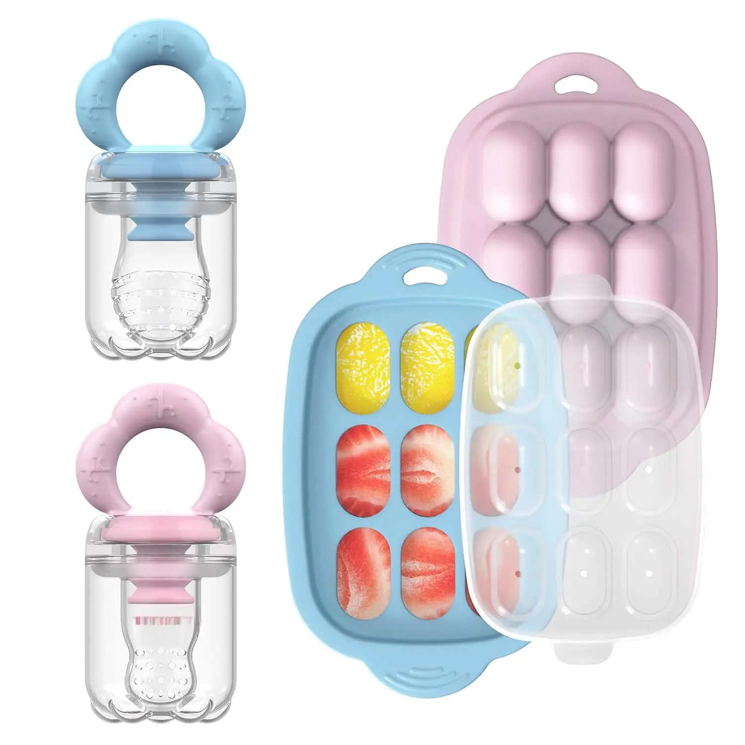 Unisex Baby Silicone Safe Fruit Food Feeder Set (2 Pack) - Infant Size, BPA-Free 10-Month Baby Self-Feeding Utensils, Breastmilk Popsicle Molds with Freezer Tray, LED Plate, Spoon, Bowl (New Model)