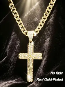 14k gold plated Cuban, Figaro, Miami Jesus Cross, 24 inches long and 6mm wide, hand polished and multi plated necklace for daily wear, give to yourself, give to friends and lovers, Cuban Style Chain