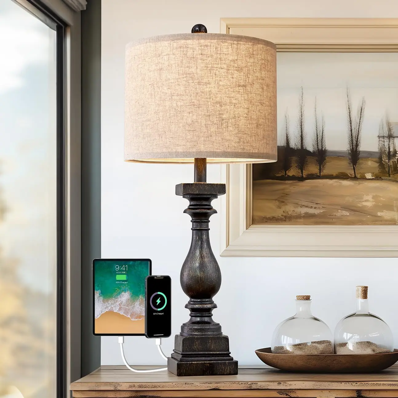 Retro 27" USB Charging Ports A/C Farmhouse Single Lamps for Bedrooms Retro Side Table Lamps Bedside Lamp for Side Nightstand Living Room 1 Pack (Blubs not Included)