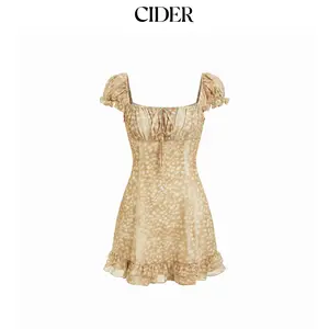 Cider Chiffon Square Neck Puff Sleeve Ruched A-line Mini Dress SummerFinds