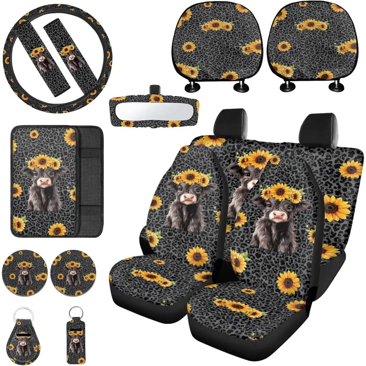 Highland Cow Print Car Seat Cover Set of 15 Sunflower Leopard Print Front and Rear Split Bench Seat Cover with Steering Wheel Cover Safety Belt Pad Headrest Covers Armrest Cover Coasters