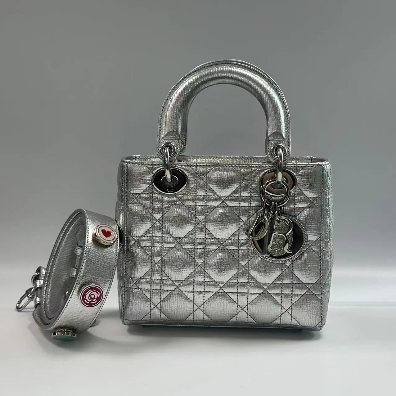 Pre-owned Authentic Christian Dior Lady Dior ABC Silver Metallic Cannage Crossbody Bag, Style X451 26.06.03, Crossbody Bags