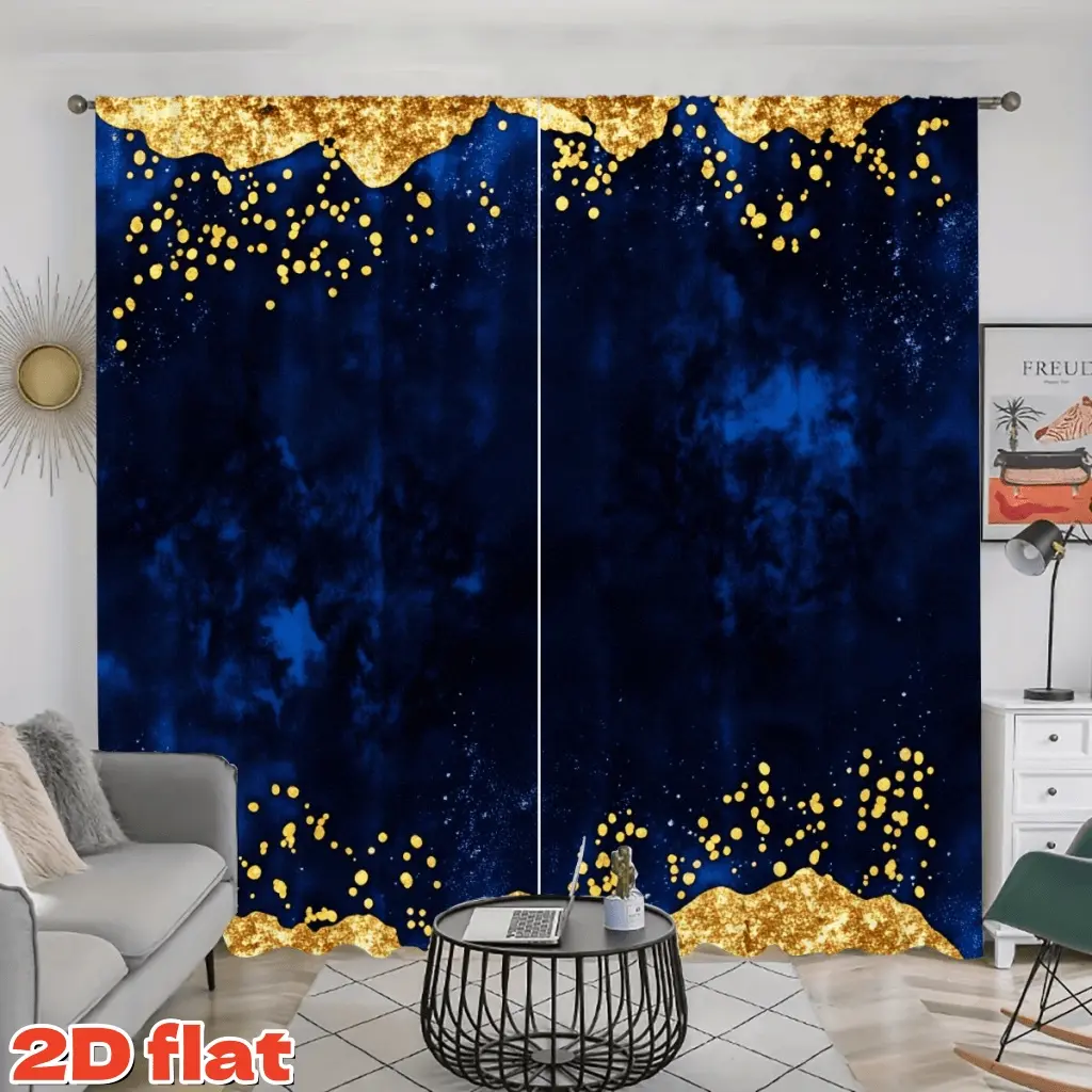 2D Flat 2Pcs Midnight Blue Gold Glitter Dot Curtains, Modern Abstract Window Panels, Semi Sunshade for Living Room, Bedroom, Dining, Kitchen, Home Decor, Privacy Protection, Rod Pocket Type Treatment all seasons.