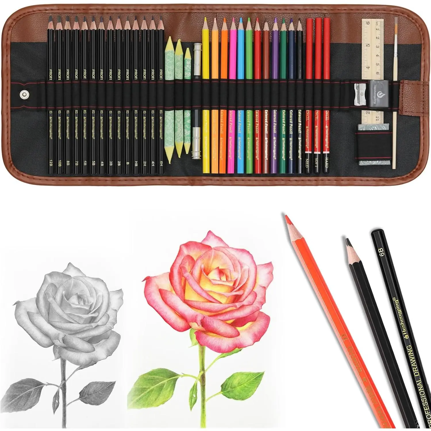 , Sketching Pencil Set Drawing Pen Charcoal Sketch Kit Cover Graphite Charcoal Watercolor Pencils Paper Erasable Pen Beginners Artist  and Adults(39pcs Art Supplies)