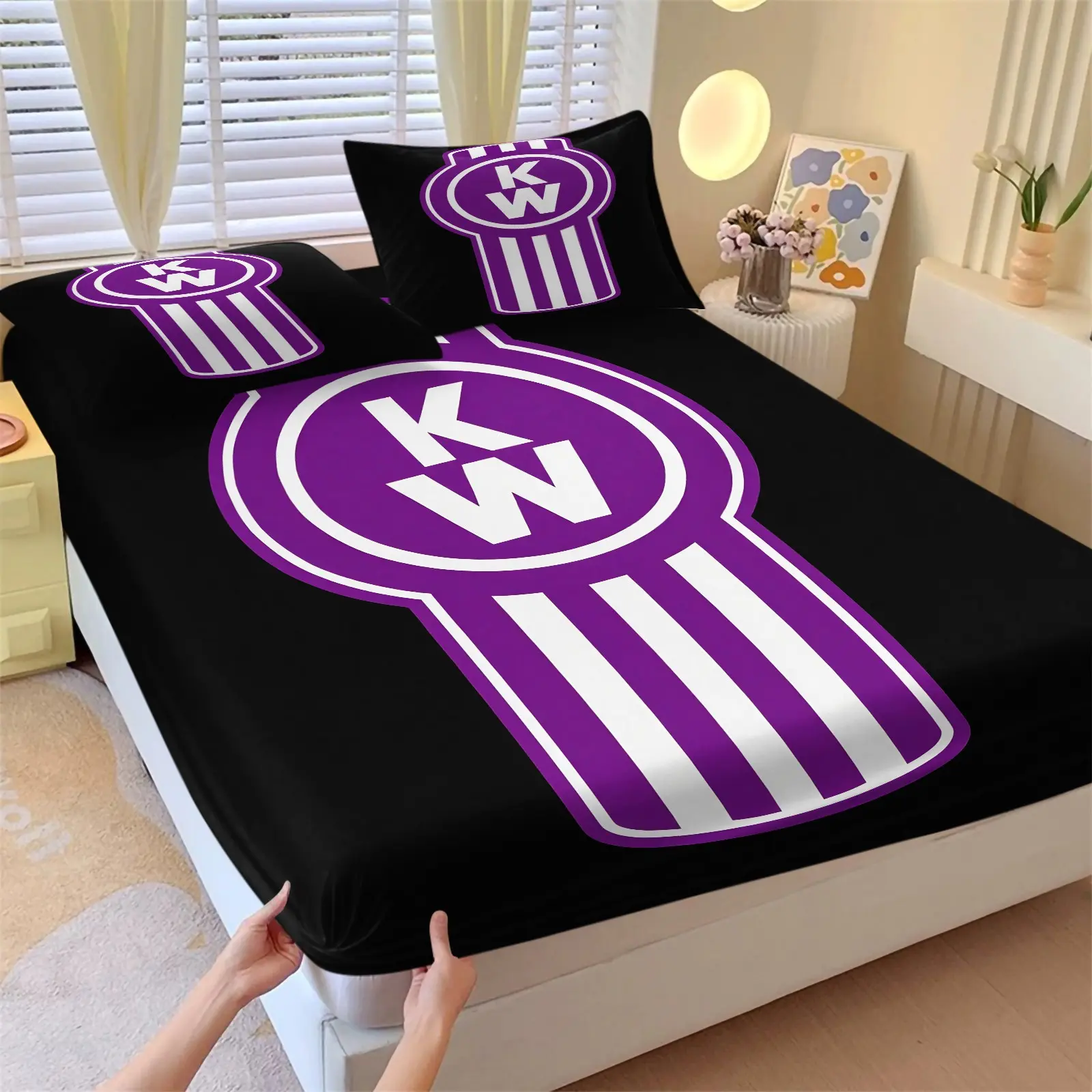 3-Piece Classic Black Solid Purple Kenworth Truck Emblem Fitted Sheet Set,1 Fitted Sheet+2 Pillowcases,Soft Cozy Fabric,HD Digital Print,Deep Pocket Non Slip Design,Edgy Street Truck Style All Season Bedding for Men & Teen Boys Bedroom