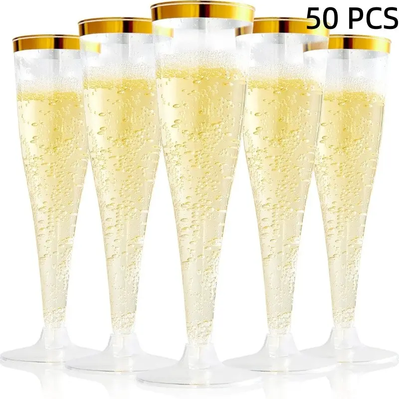 50 Pcs Plastic Champagne Flutes, 4.5 Oz Gold Rim Plastic Champagne Glasses, Disposable Clear Toasting Glasses Recyclable Champagne Cups for Wedding Party