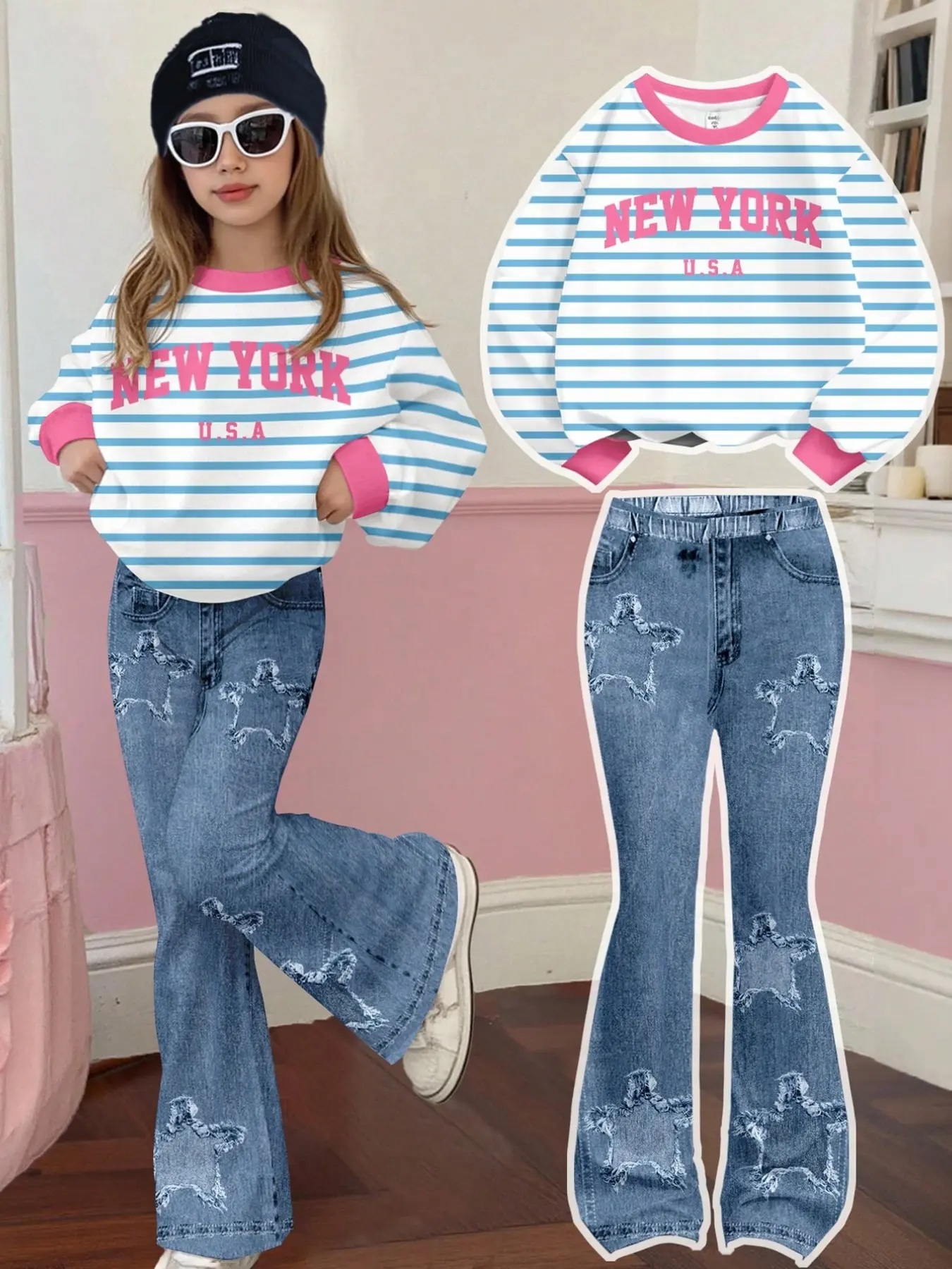 Girls' New York Striped Denim Set, Fresh American Style, Blue Stripes, Border Letter Top, Star Bell Bottoms, Casual Fall Winter