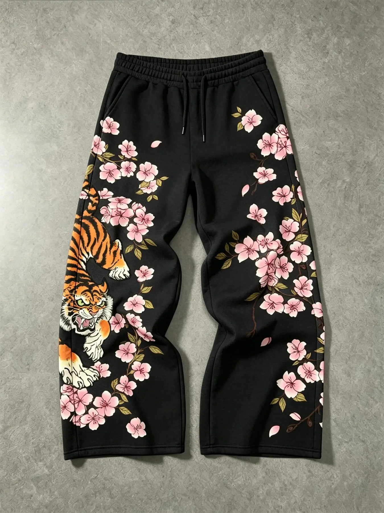 Men's Vintage Tiger Cherry Blossom Print Pants, Adjustable Drawstring Waist, Loose Fit Straight Leg Sports Sweatpants, All-Season Wear