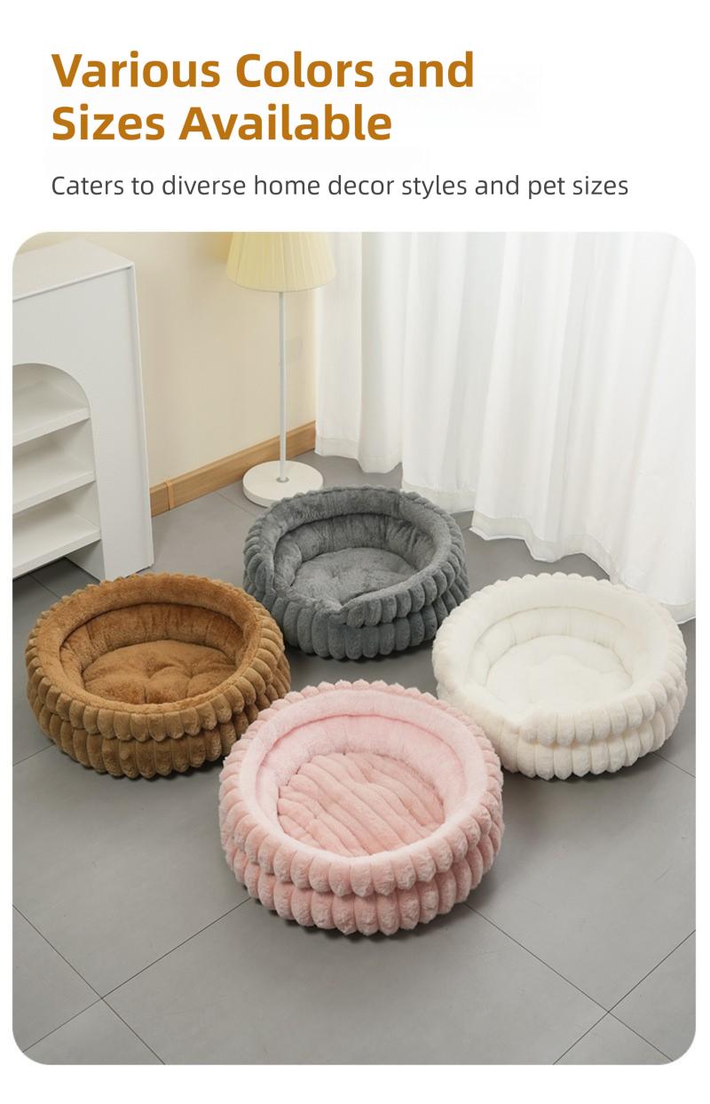 Fluffy Rabbit Fur Round Pet Bed – Quilted Donut Cushion for Cats & Dogs, Thickened Anti-Slip Mat, Small Medium Large Sizes