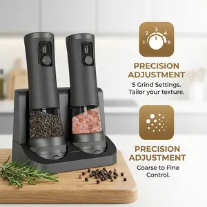 Electric Salt & Pepper Grinder Set, Automatic Rechargeable Pepper Mill with Battery Display, 5 Adjustable Grind Levels, Large Capacity Seasoning Shakers for Kitchen & Dining