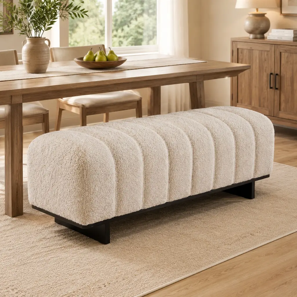 ARCH Modern Indoor Dining Bench - Beige Tufted Faux Fur Fabric, Wood (Rubber Wood/Plywood) Build & Legs, 63.62" L x 18.11" W x 19.02" H, Generous Dimensions, 250 lbs Capacity, Assembly Required, Multi-Person Seating for Dining/Living Rooms, Dining Room