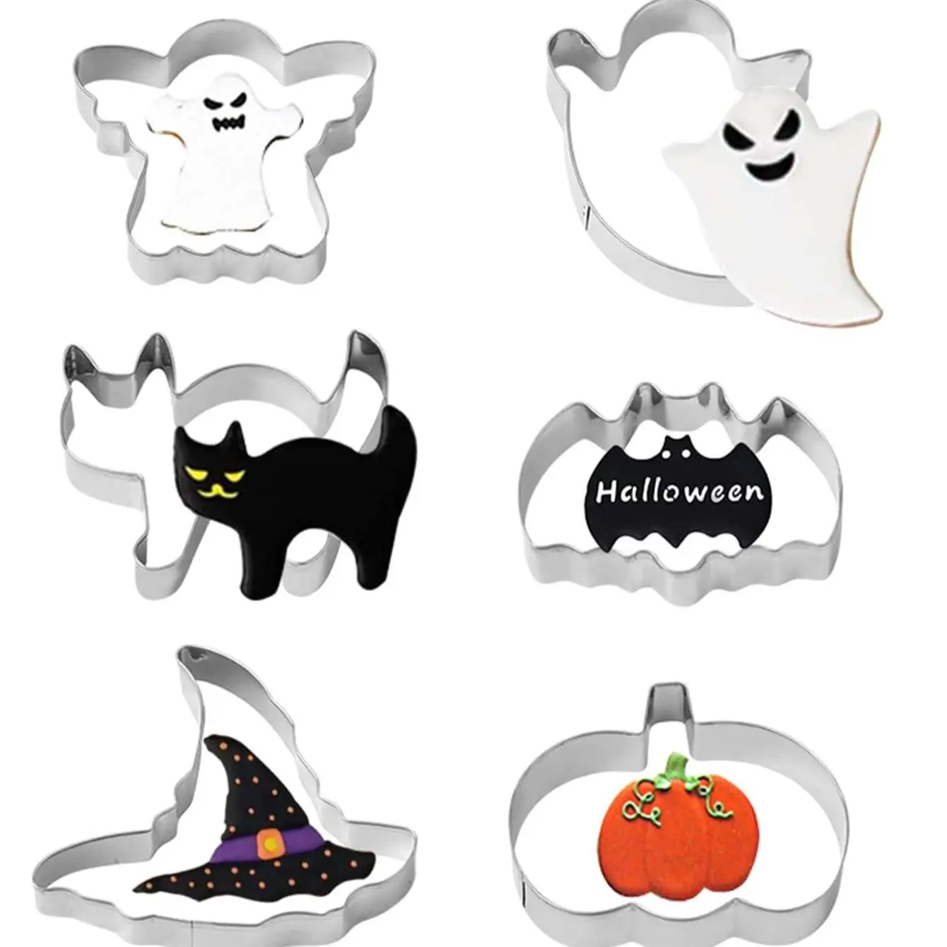 6 Piece Halloween Stainless Steel Cookie Cutter Set, Ghost Pumpkin Bat Witch Cat Baking Mold, DIY Fondant Cookies Press Tool