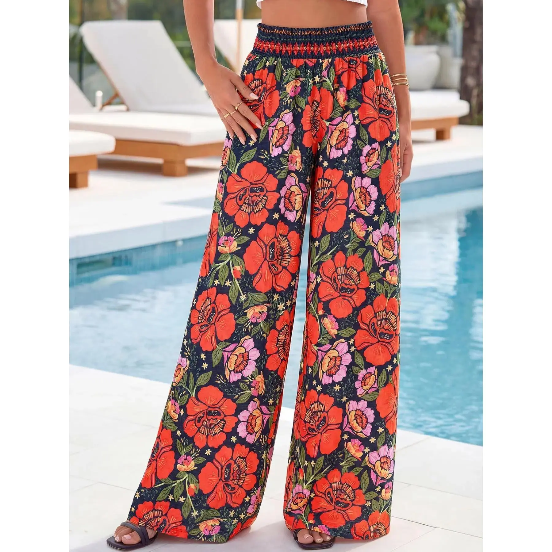 Women's High Waist Floral Wide Leg Pants Elastic Waist Casual Vacation Summer Trousers