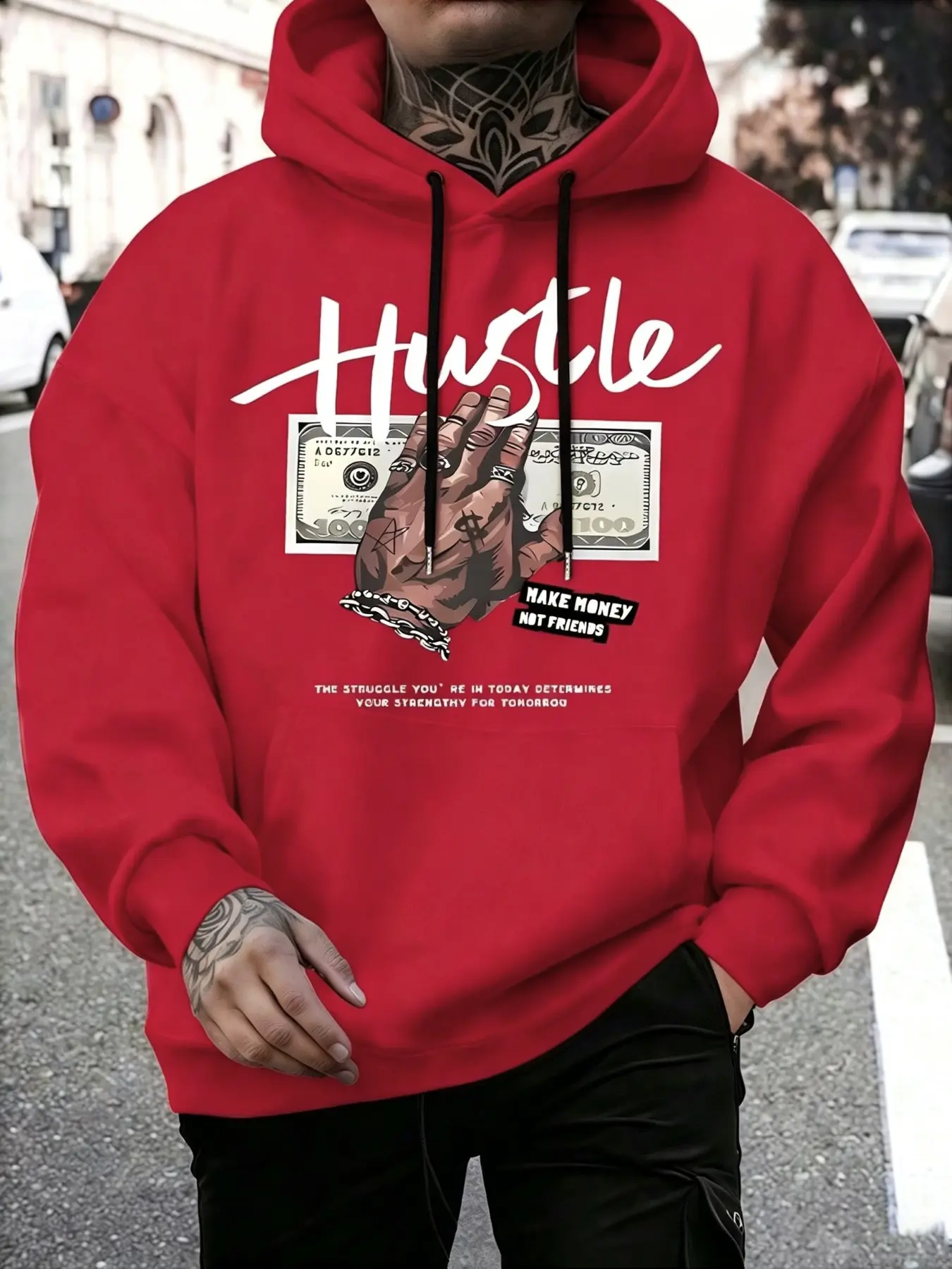 2026 Viral Urban Hip Hop Men Loose Long Sleeve Fleece Hoodie Vibrant Red Motivational Money Hand Hustle Slogan Print Stretch Ribbed Cuffs Lightweight Skin-Friendly Baggy Street Pullover Top For Young Rappers Hangout Travel Daily Matching Outfit