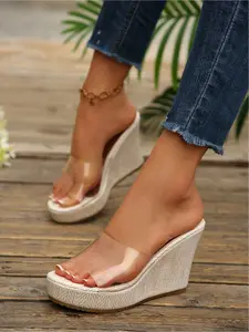 Summer New Sexy Classy Transparent Strap Straw Wedge Sandals, Elegant PU Leather Thick Sole Mules, Perfect for Parties and Daily Wear
