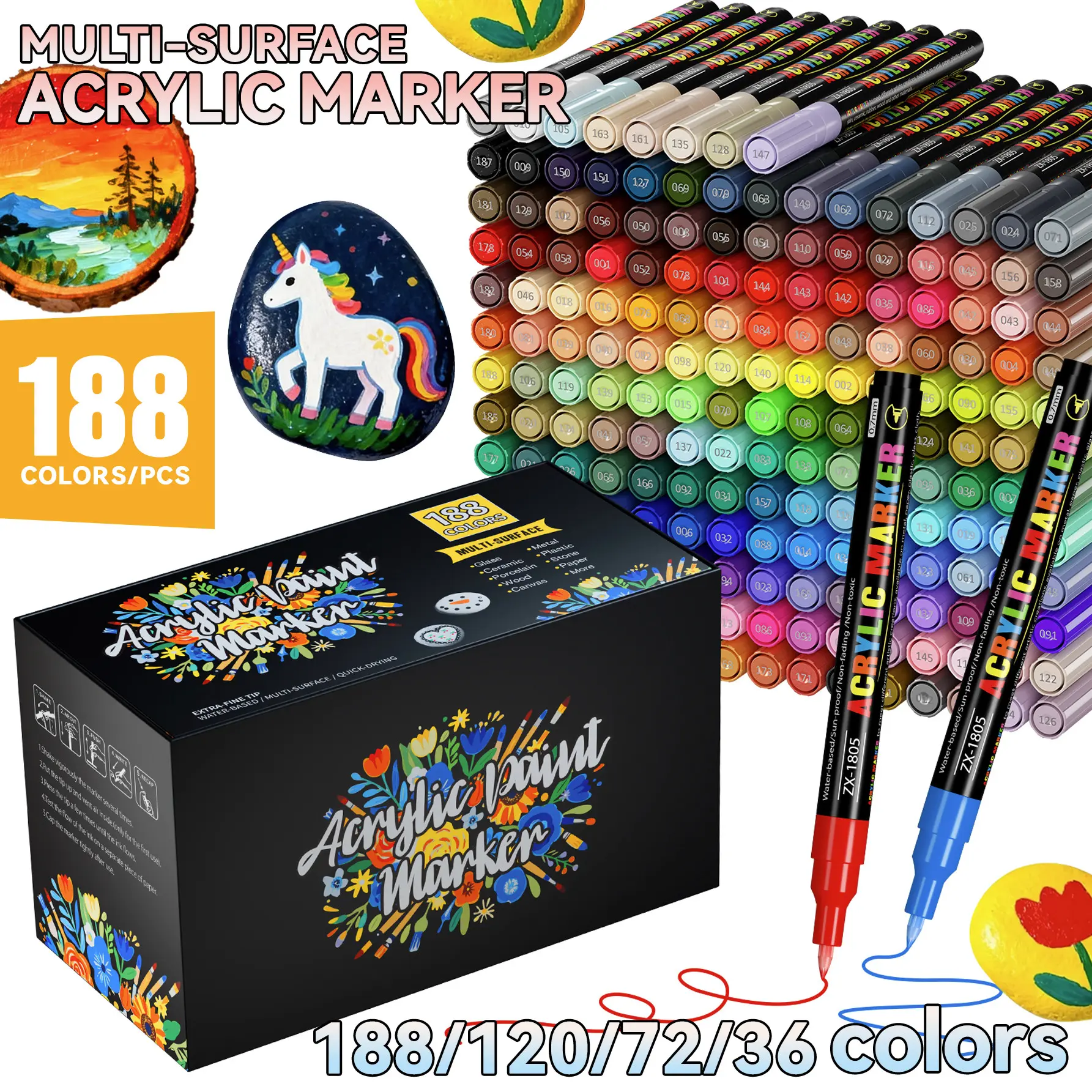 Acrylic Marker Pen Set 36-188 Colors, 0.7mm Fine Tip, Smooth Fast-Drying Ink, Ideal for Glass, Metal, Ceramic, Plastic, Stone, Wood, Paper, Canvas