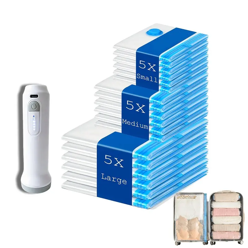 15 piece set, vacuum clothing storage bag, paired with portable USB wireless vacuum pump, perfect for travel and luggage organization, moving storage bag, essential seasonal storage bag, Vacuum Compression Bag
