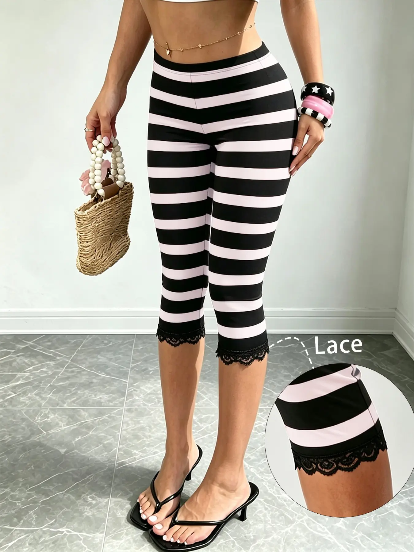 Women's Striped Capri Pants, Cropped Capri Leggings, Lace Trimmed Ankle Design, Slim Fit, All-Season Casual & Workout Wear, Plain Surface, Unlined, Leggings