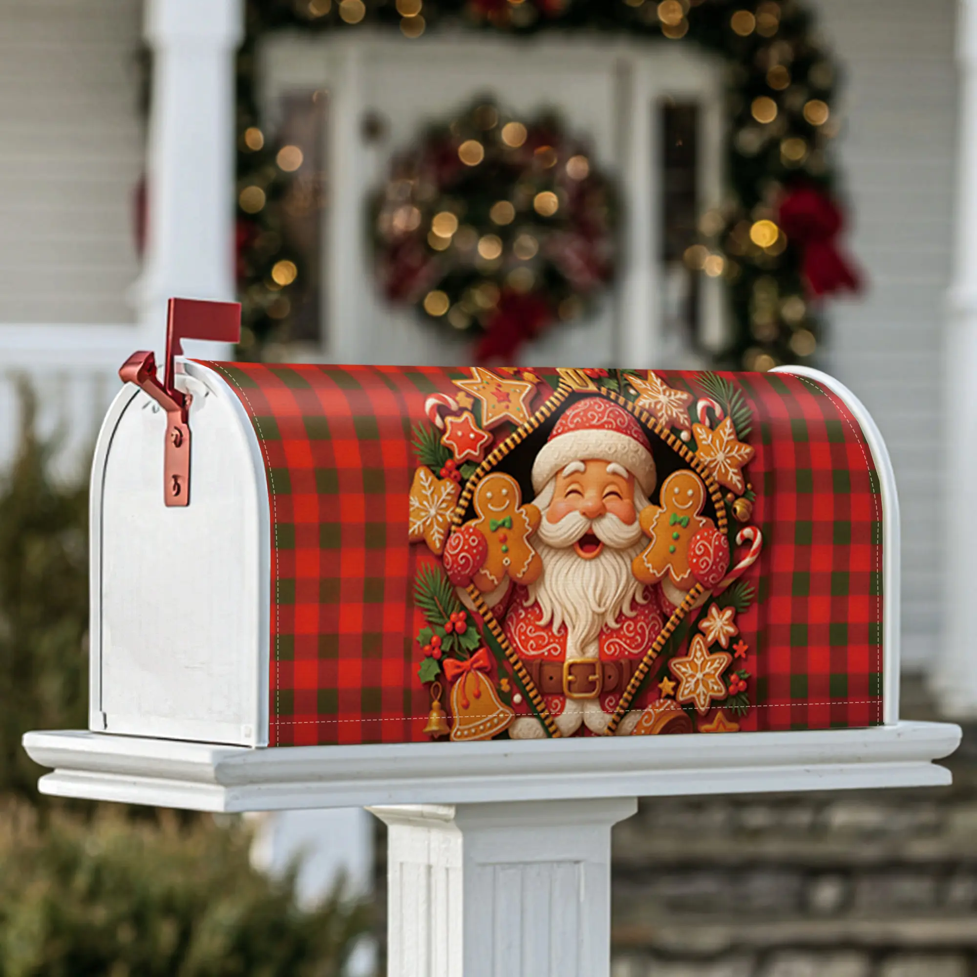Santa Magnetic Mailbox Covers, Christmas festive gingerbread candy cane Christmas red Holiday Mailbox Cover for Outdoor Garden Yard Decor
