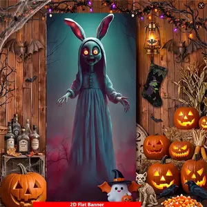 Glowing Rabbit-faced Skull Pattern Halloween Front Door Banner, Perfect as Halloween Decorations, Porch Sign, Haunted House Prop, Party Backdrop, Yard Decor, Photography Background, Window Display, Ideal for Creating Spooky Atmosphere