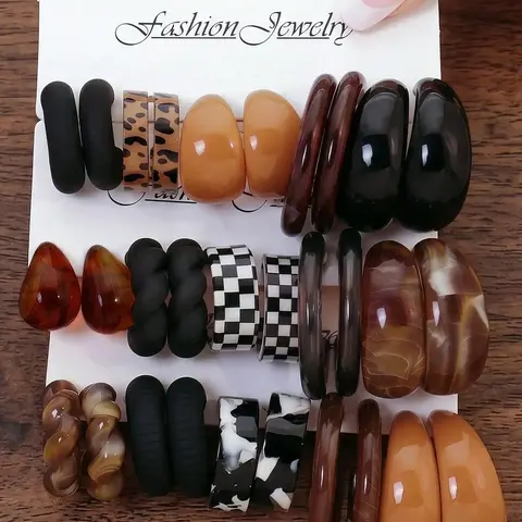 AEONBLULI 15 Pairs Chunky Resin Hoop Earrings Set for Women, Brown Tortoise Tone & Black Acrylic C-Hoops, Chic Daily Jewelry & Holiday Gift, Earring Stacking Set