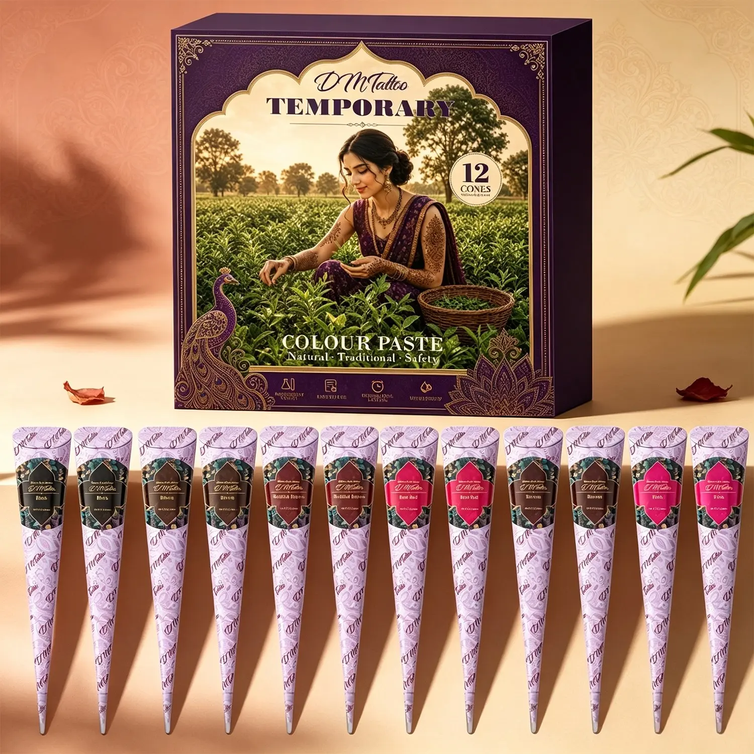 Beach & festival exclusive DM 12 plant henna cone gift kit, soft natural easy-color paste with water-resistant mehndi resistant to seawater. Compact box for travel check-ins, themed parties and relaxing home DIY body painting.