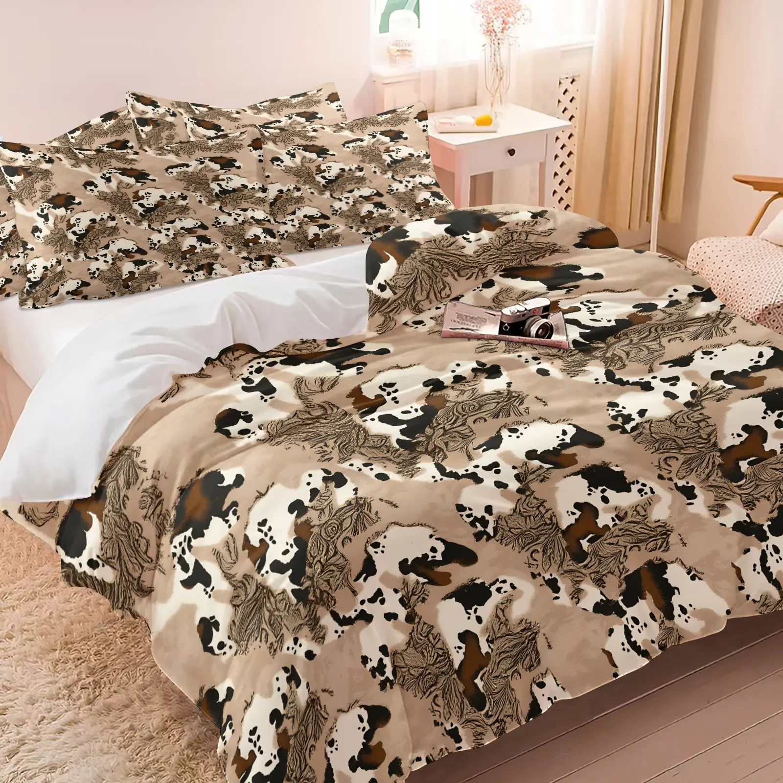 Western Khaki Cow Print Fern Floral Print Duvet Cover Set, Includes 1-2 Pillowcases, Cow Print Fern Sketch Bedding, Vintage Botanical Cow Spot Bed Set All Size, Machine Washable Textile, Apartment Bedroom Decoration