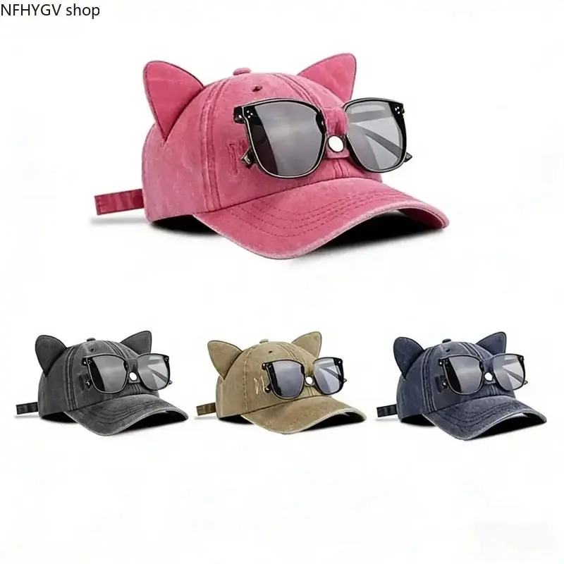 Y2K Cat-Ear Baseball Trucker Hat With Detachable Sunglasses Attachment, Adjustable Back Strap Distressed Vintage Sun Cap, Trendy Streetwear Headwear That Delivers Full Sun Protection For Daily Outdoor Styling And Photo Outfit Matching