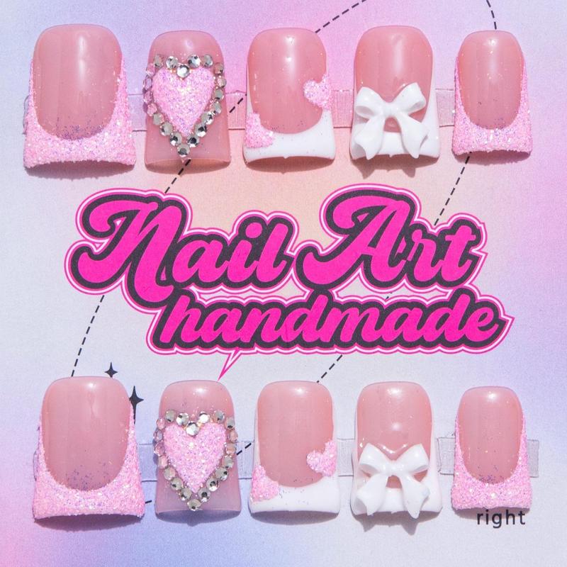 Duckbill Shaped Fake Nail, 10pcs Rhinestone & Flower Decor French Press on Nails for Women & Girls DIY Nail Art, Elegant Stick on Nails Kit, Handmade, Nail Supplies, Fake Nails, Flared Handmade Nails, Sparkly Studded Rhinestone