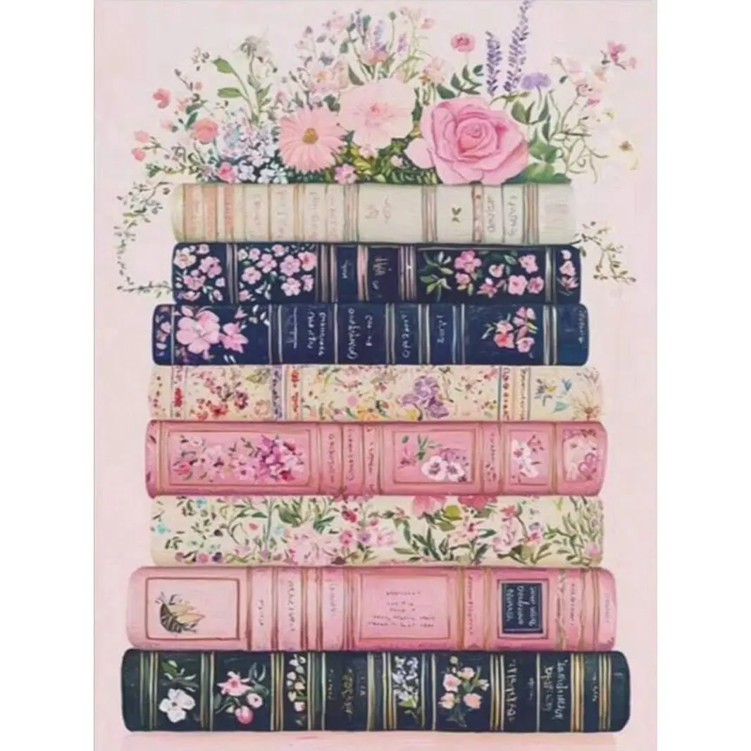 5D DIY Diamond Painting Kit Vintage Floral Stacked Books Romantic Art Pattern, Full Round & Square Drill Rhinestone Mosaic Cross Stitch Craft Kit, Handmade Ornament Wall Art Home Decor Gift for Living Room Bedroom, Stress Relief