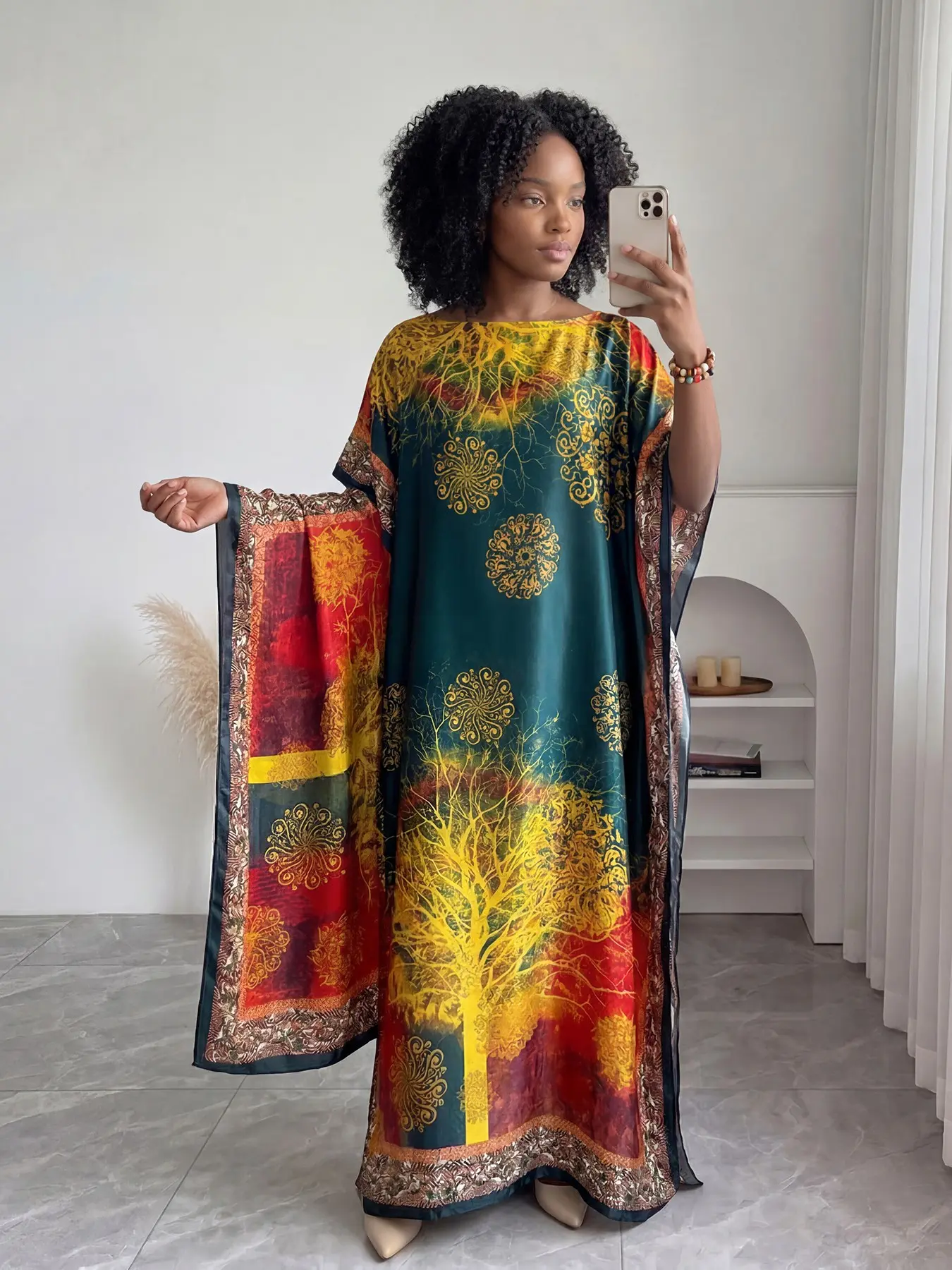 Women's Casual Fashion Plant Print Moomoo Robe Set, Long Dress with Headscarf, Beach Sun Protection Silk Scarf, Summer