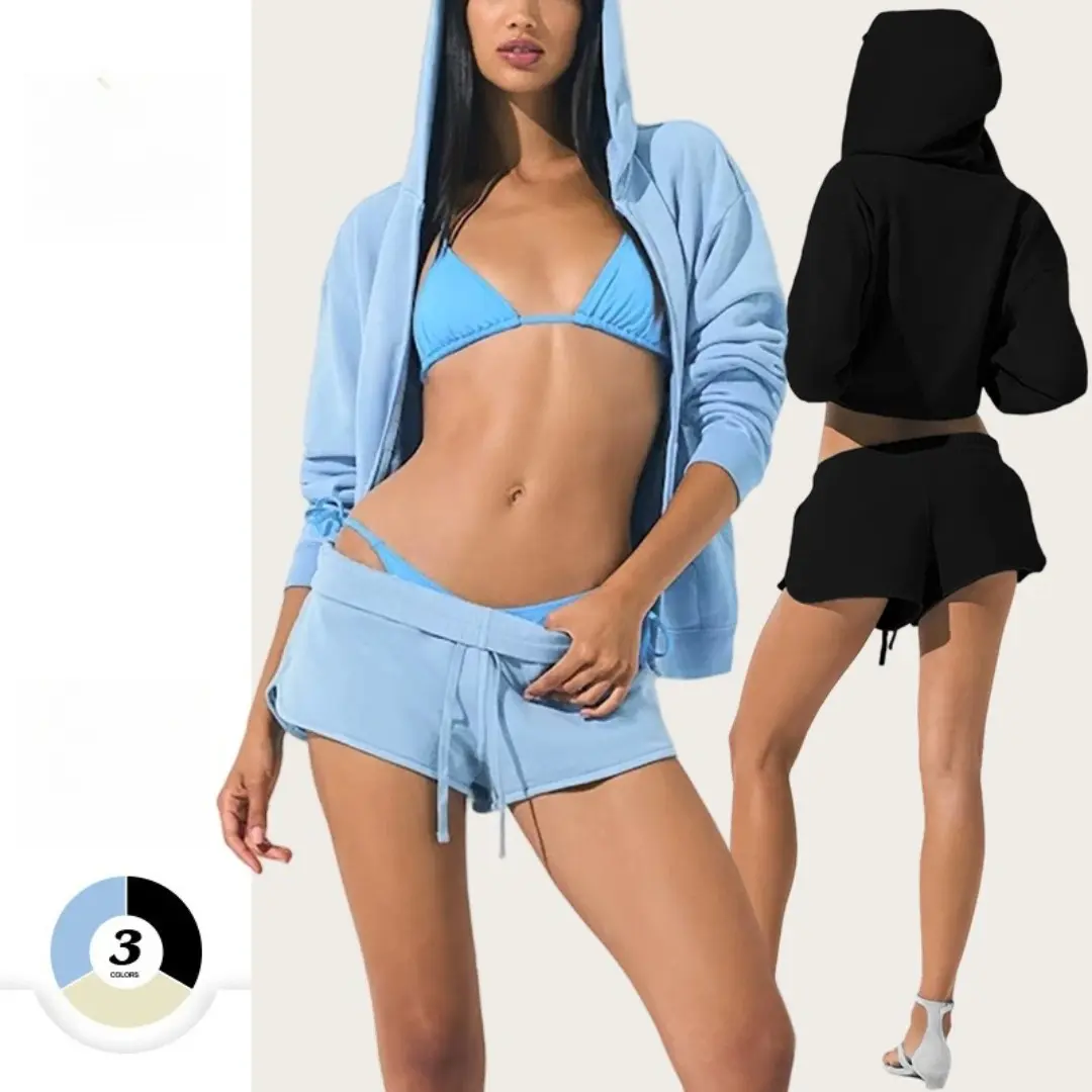 Women's 2 Piece Hooded Zip Up Jacket and Drawstring Shorts Set, Casual Summer Lounge Sports Activewear Outfit for Vacation
