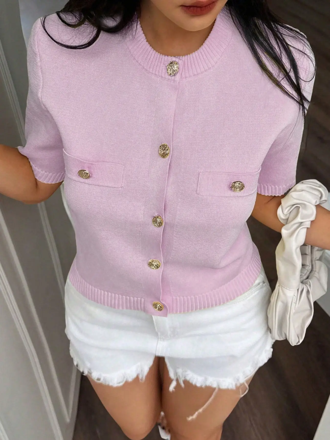 French Style Knit Cardigan for Women, Summer Thin Short Sleeve Round Neck Open Front Sweater, Buttons, Slim Fit, Casual Outerwear