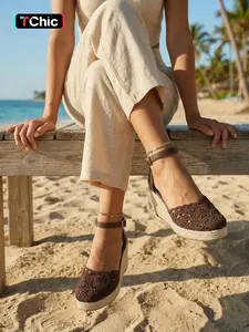 Women's Crochet Lace Woven Wedge Sandals, Casual Bohemian Trendy Sandals, Breathable Knit Upper, Adjustable Ankle Strap Comfortable Thick Sole Strappy Summer Sandals for Beach Vacation