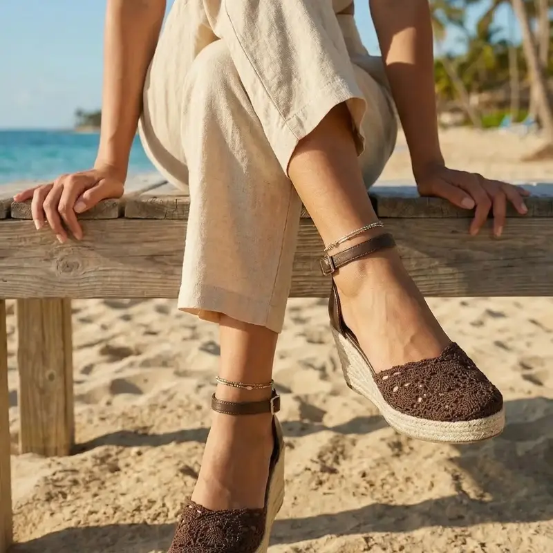Women's Crochet Lace Straw Wedge Sandals, Boho Style Sandal, Breathable Textile Upper, Adjustable Anklet Strap, Comfortable Thick Sole, Summer Beach Shoes