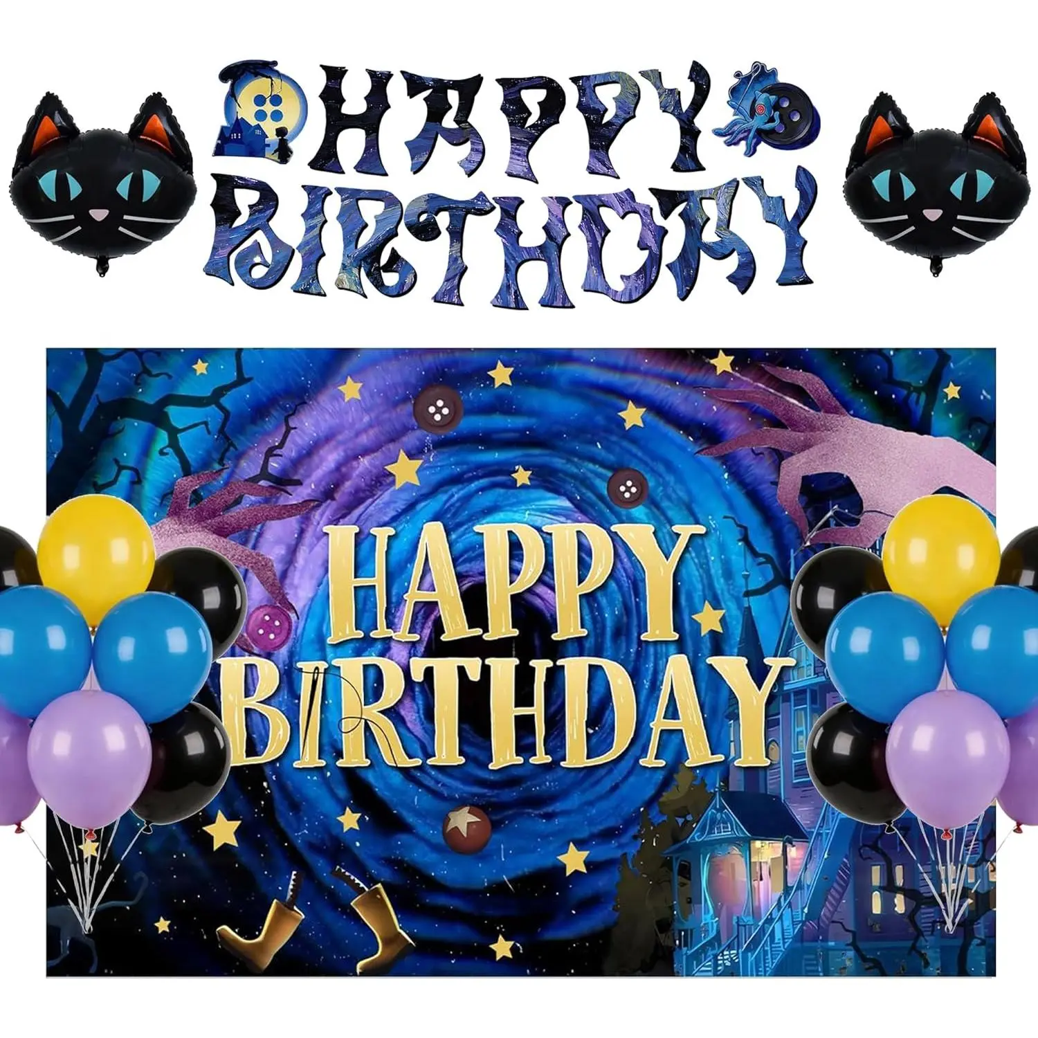 Cartoon Horror Halloween Happy Birthday Decorations, Spooky Party Supplies Set Includes Banner Backdrop Black Cat Foil Balloons
