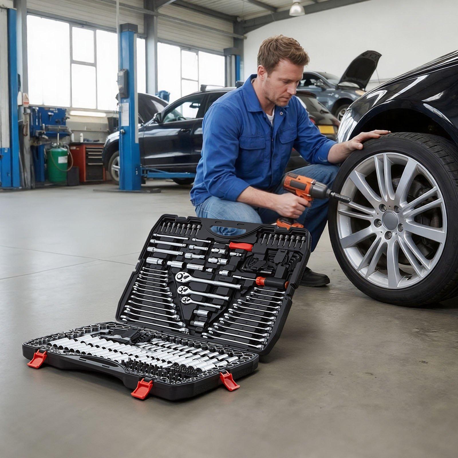 VEVOR Mechanics Tool Set, 308-Piece Mechanic Tool Kit, 1/4 in, 3/8 in, and 1/2 in Drive, SAE and Metric Socket Set, Wrenches, Screwdriver Bits, Accessories, and Storage Case, for Automotive Repair