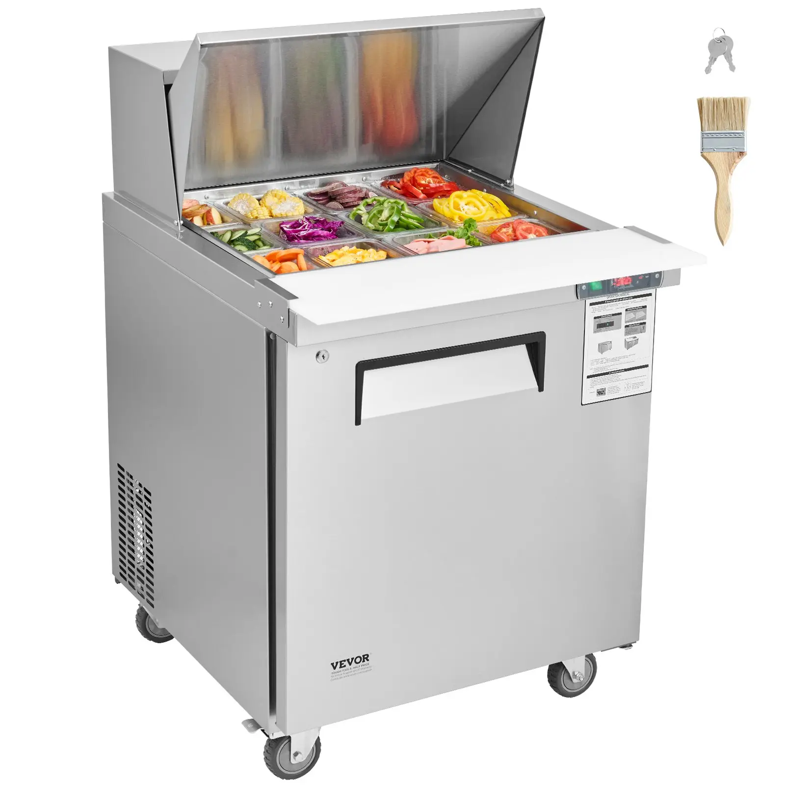 VEVOR 28" Commercial Refrigerator Sandwich Salad Prep Table, 7.4 Cu. Ft Stainless Steel Refrigerated Food Prep Station with 12 Pans, Cut Board, Frost Free Refrigerator with Lock for Restaurant
