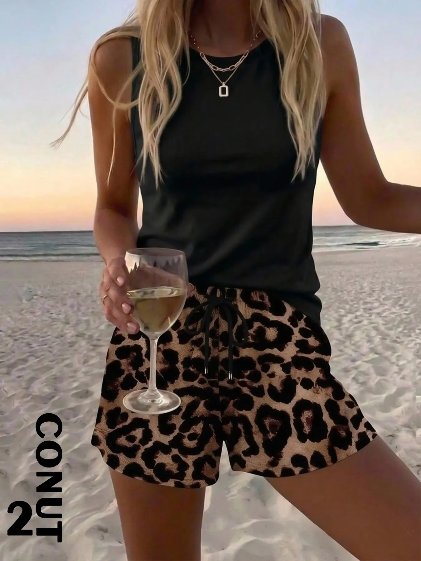 Women’s Solid Sleeveless Tank Top & Leopard Print Drawstring Shorts 2 Piece Loungewear Set, Y2K Edgy Casual Beach Streetwear Co Ord,  Crew Neck Slim Fit Basic Sleeveless Tee, All Over Classic Animal Leopard Print Shorts