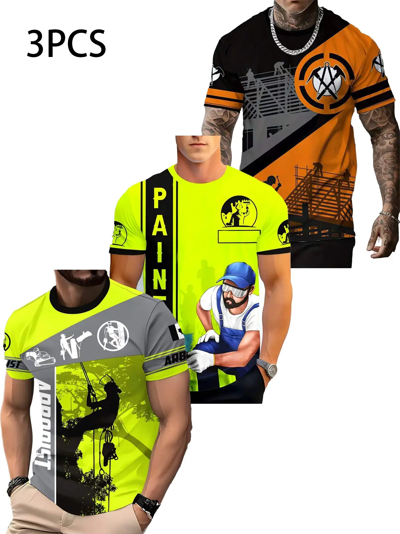 3-Pack Men's Construction Worker Short Sleeve T-Shirts, All-Over Print Casual Workwear, Slim-Fit Long Tee for Painters & Roofers