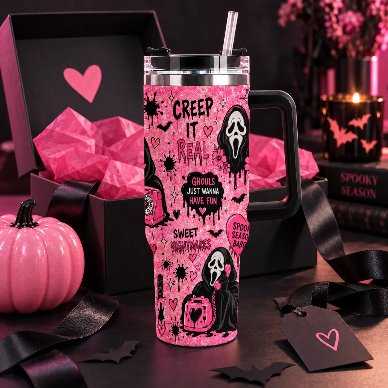 1PC 40oz Pink Spooky Horror Tumbler, Ghost Mask Phone & Knife Pattern Insulated Stainless Steel Travel Mug, Cute Gothic Halloween Cup with Handle & Lid, Double Wall Vacuum, Leak-Proof, Gift for Women Teens Adults ( 1 tumbler only )