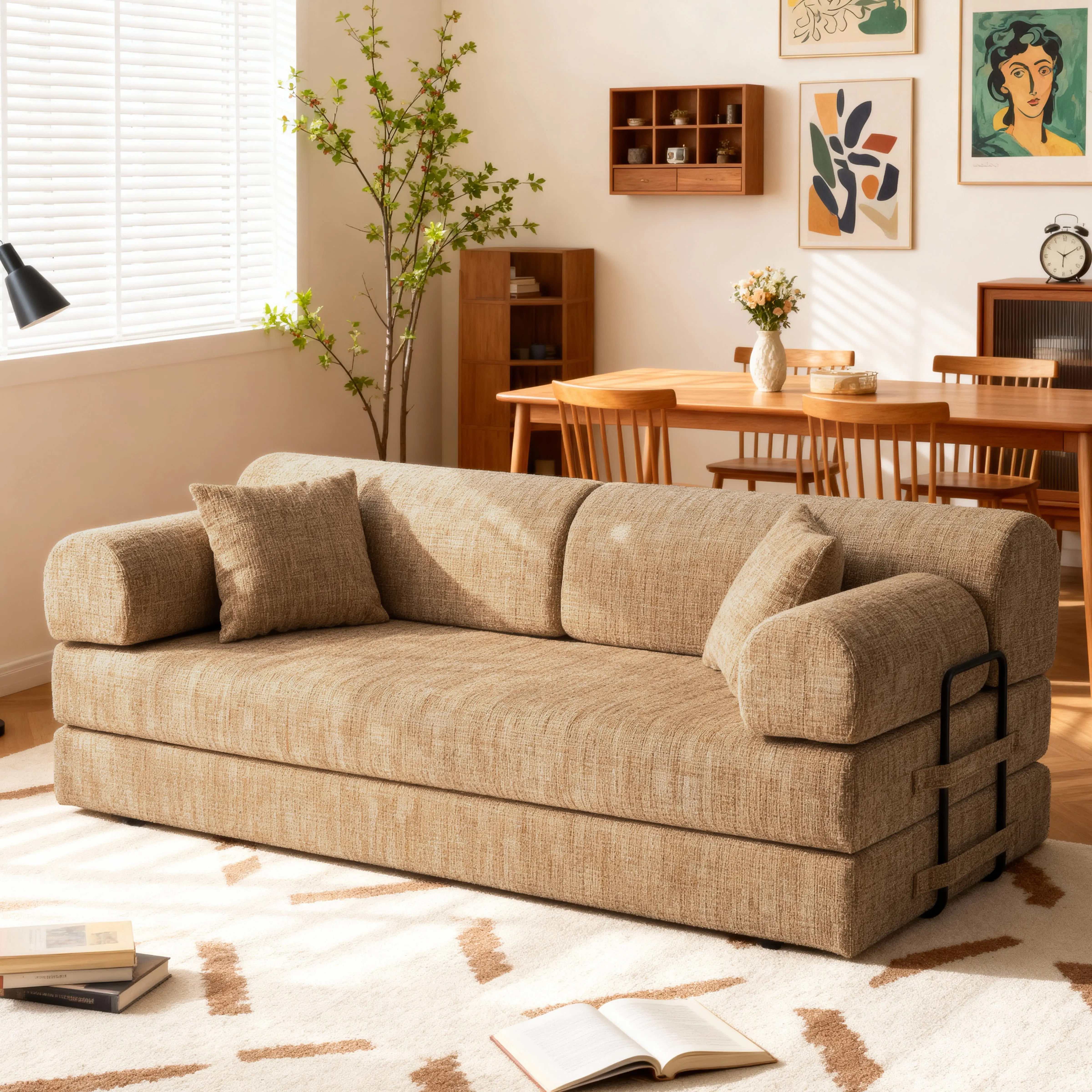 ARCH Convertible Sleeper Sofa Bed 3-Seat Boucle Fabric Loveseat Chaise Lounge Daybed Floor Couch with Fixed-Shape Frame Foam Filling for Living Room Bedroom Apartment Studio Ochre, Ochre Color Options, Boucle Material, 3 Seat Seat Count