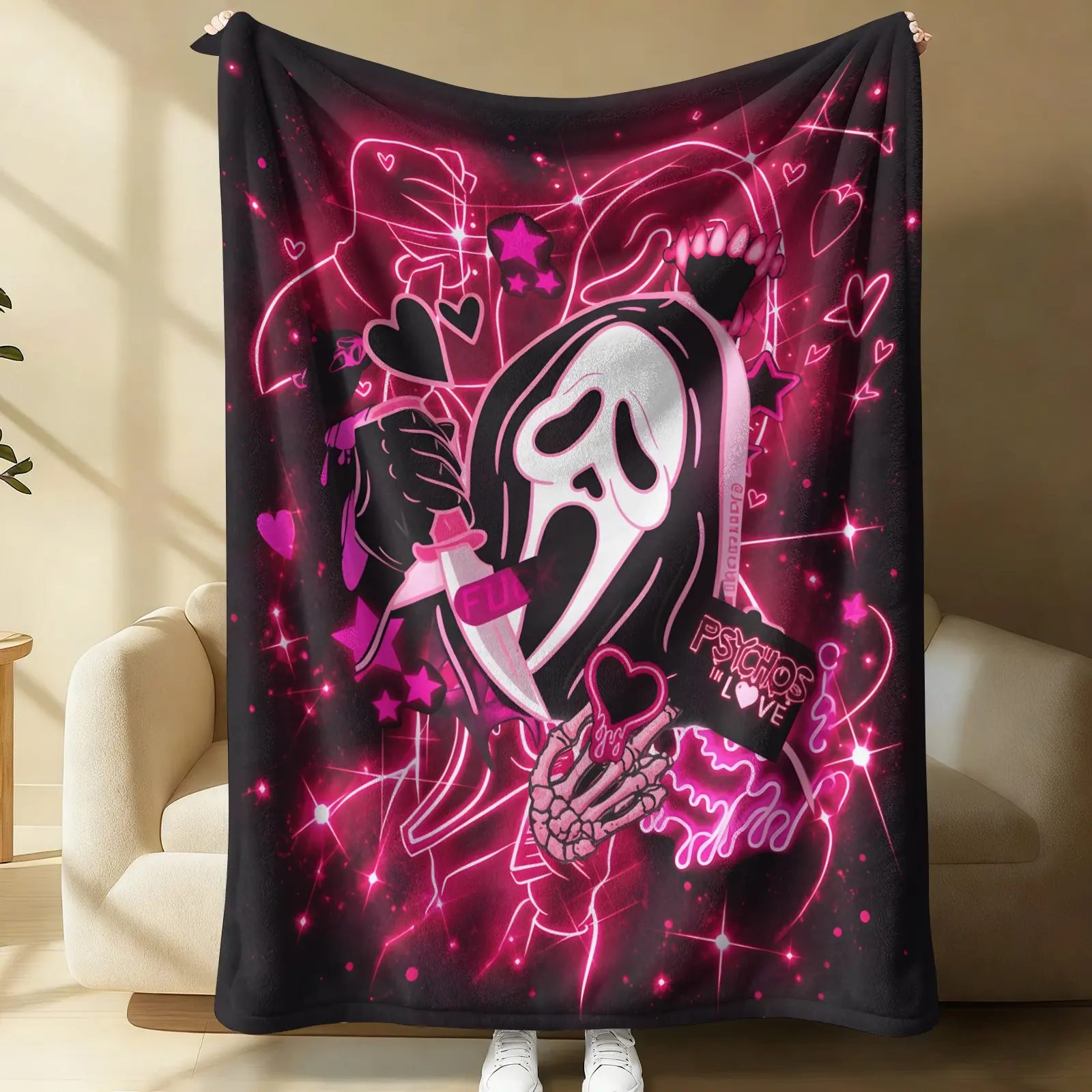Pink and Black Ghostface Neon Heart Trendy Print Flannel Blanket-Soft Plush Lightweight Durable-Ideal for Bed Throw Office Nap Mat Car Camping Cover Sofa Shawl Air-Conditioning Cover Throw Home Decor Multi Purpose Blanket