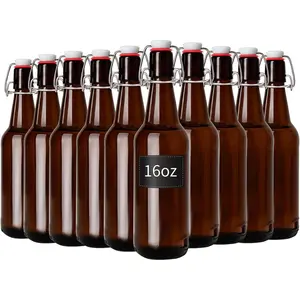 16oz Amber Glass Bottles with Airtight Rubber Seal Flip Caps (10 Pack),Swing Top Glass Bottles for Home Brewing, Kombucha, Beverages, Oil, Vinegar, Vanilla Extract,Water, Soda, Kefir
