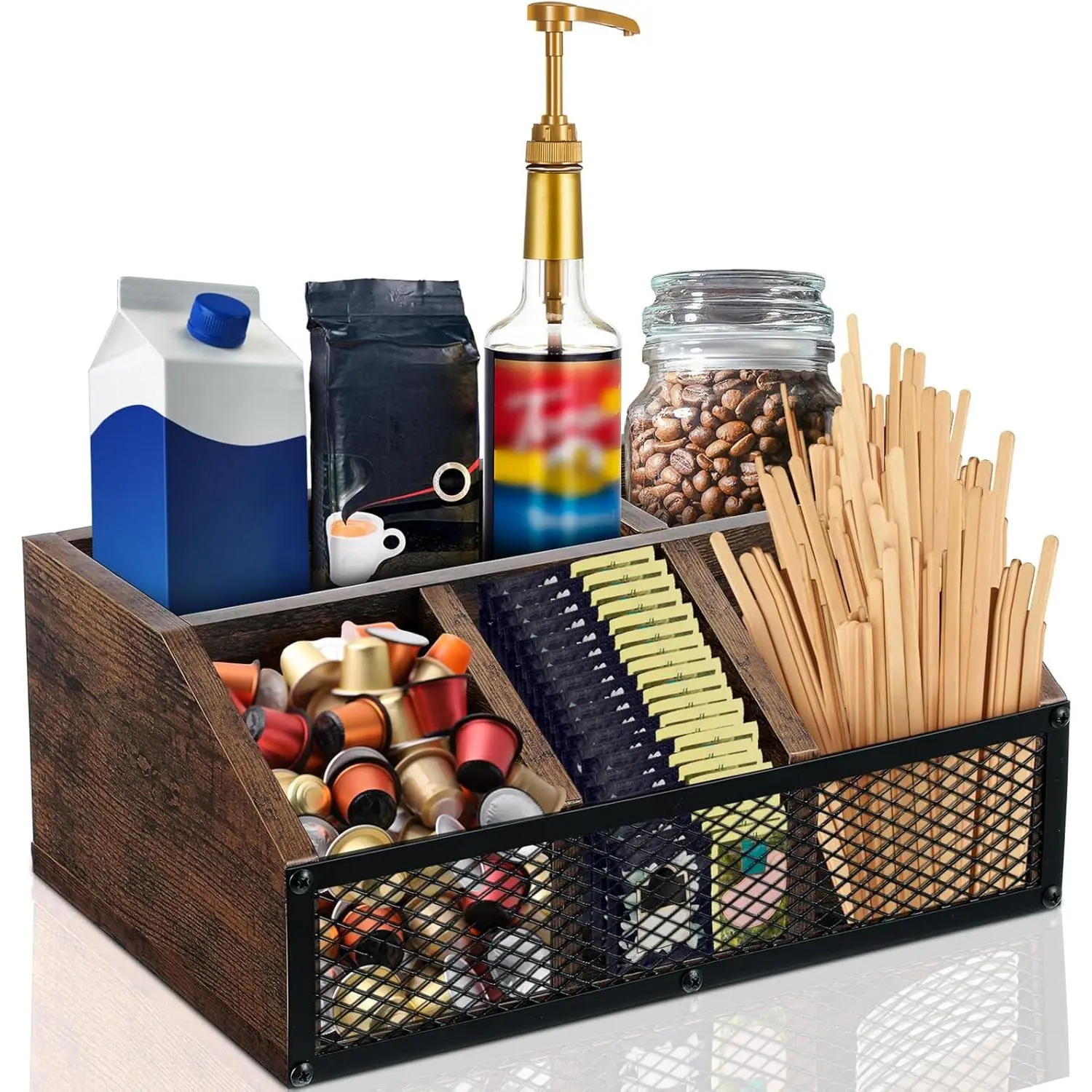 Coffee Station Organizer for Countertop, All in One No Assembly Wood Coffee Creamer Bar Holder with Iron Mesh, Office Tea Bar Accessories Gift for New Home Birthday(Dark Brown,Classical)