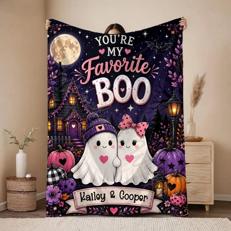 [One Click "Shop Chat" to Send Custom Text] Anti-Shedding Full Print Halloween Ghost Couple Velvet Blanket, Personalized Name Fall Throw, Soft Cozy Gift for Sofa Bed, Home/Office Indoor/Outdoor Decoration