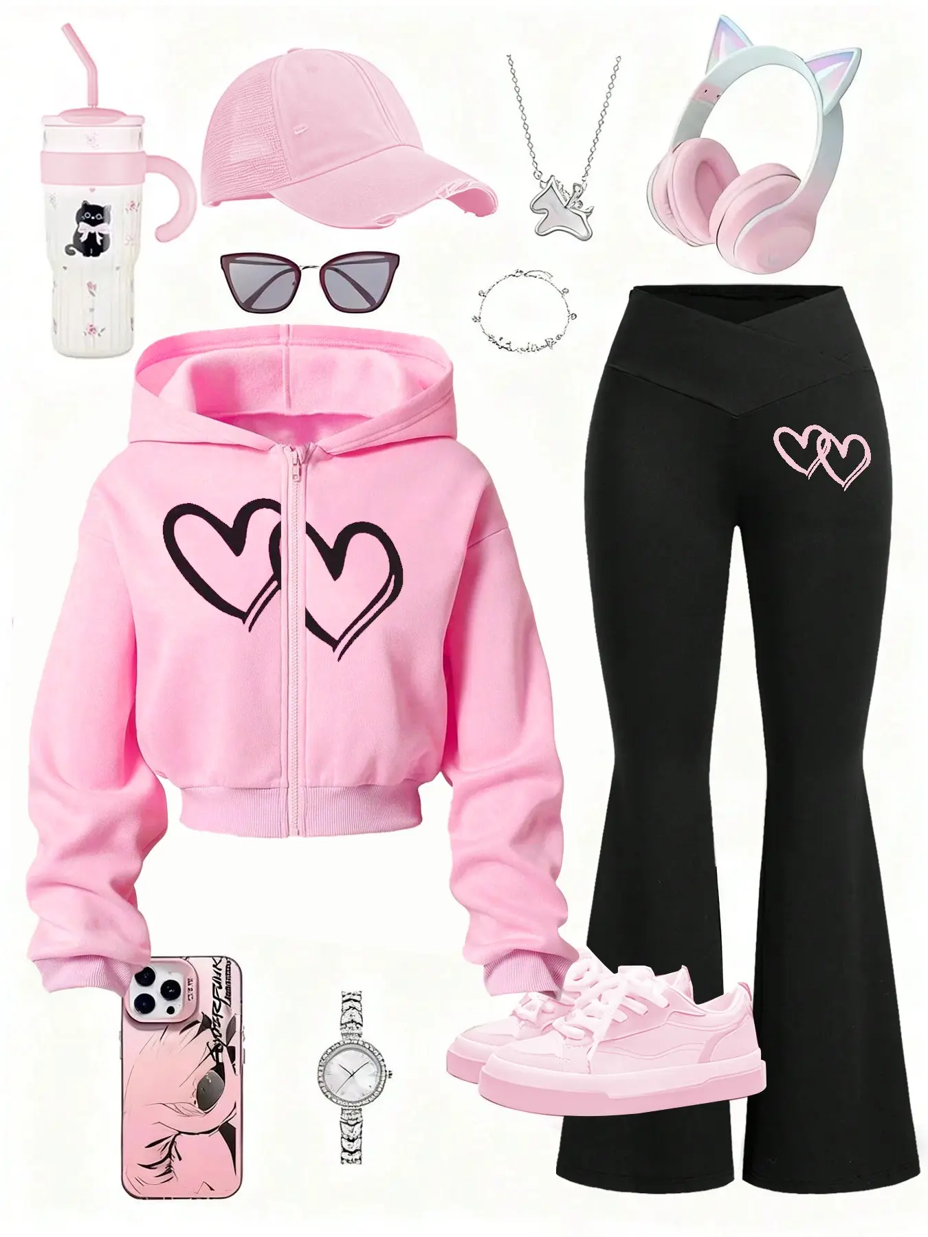 2 Pcs Y2K Women Double Heart Print Outfit Set, Cropped Zip Up Hoodie + Cross Waist Flare Leggings Cute Kawaii Tracksuit For Daily Street Loungewear