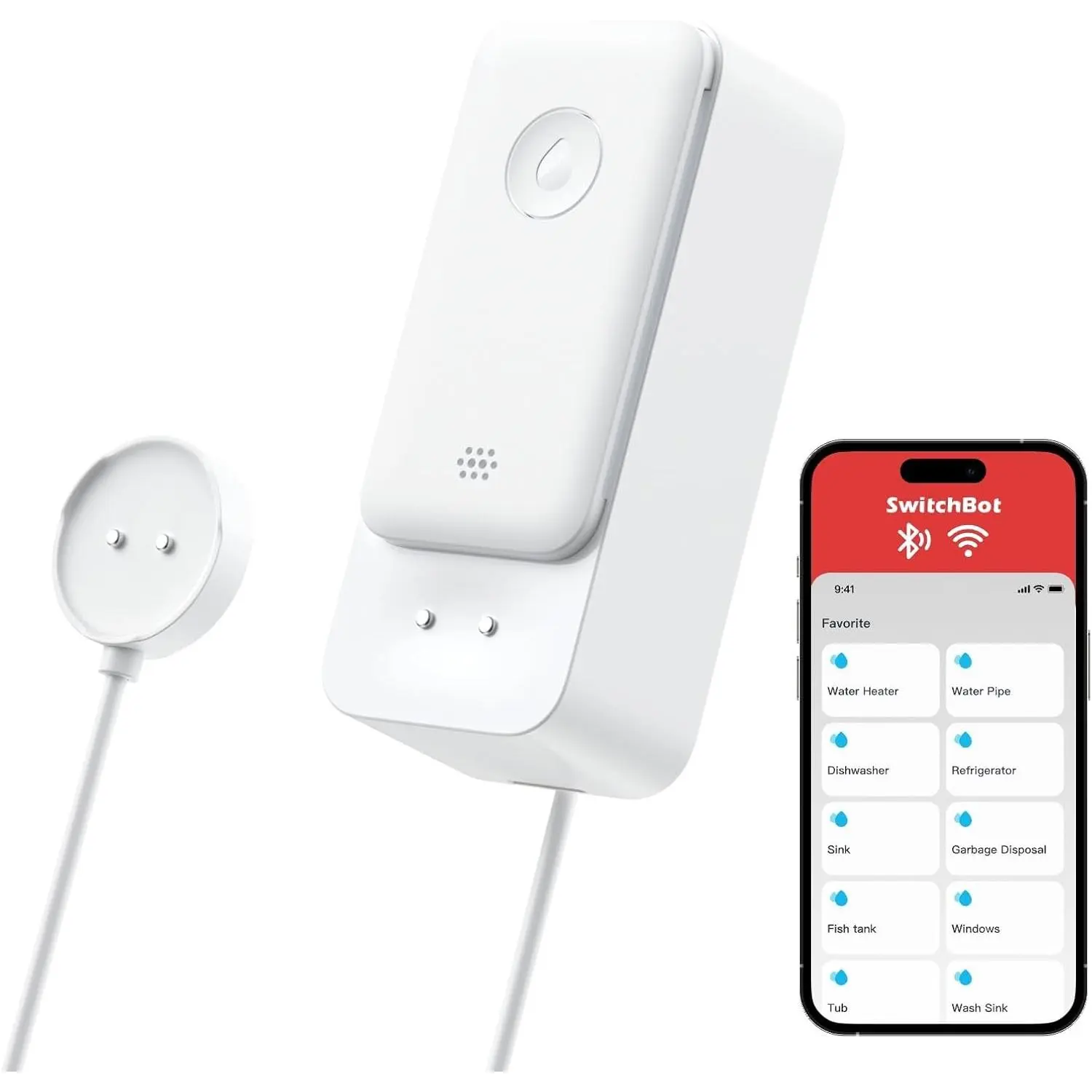 WiFi Water Leak Detector - Smart Water Sensor with 100dB Adjustable Alarm & App Alerts, IP67 Waterproof, for Home with Cable, No Hub Required (Support 2.4G) - White (Pack of 1)