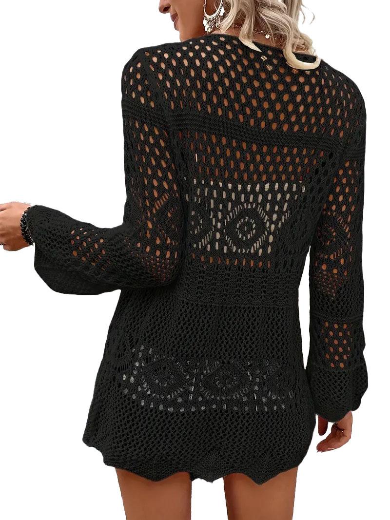 Women's Solid Color Hollow Out Tie Front Crochet Cardigan, Casual Long Sleeve Knitwear for Summer, Fashion Women's Knit Clothing for Daily Wear, Knitting, Summer Cardigan Women, Beach Cover Up, Lightweight Knit Top, Boho Crochet Sweater, Vacation Outfit
